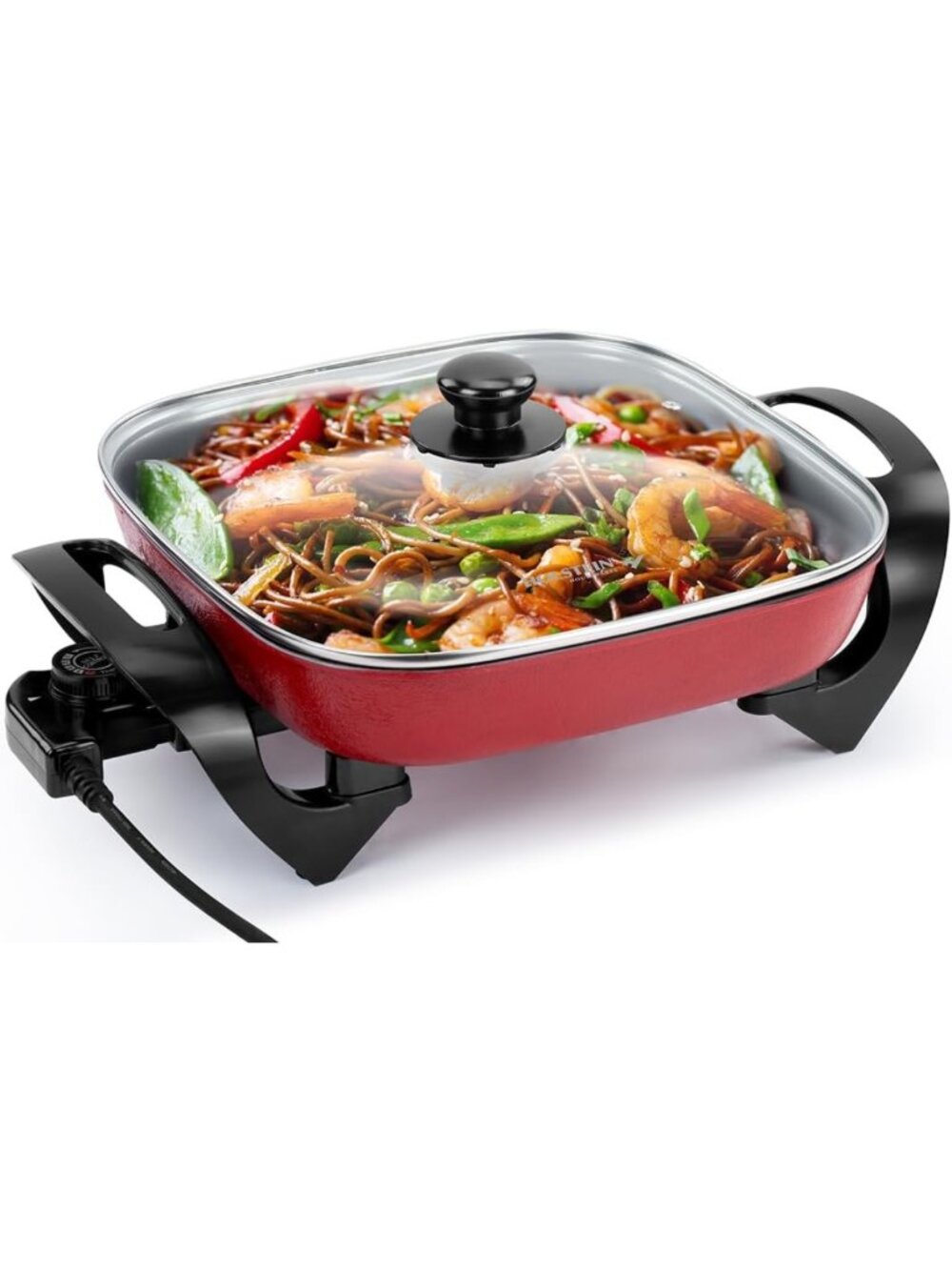 12-Inch Electric Skillet - 1400W Non-Stick Pan with Adjustable Temp Control, Red